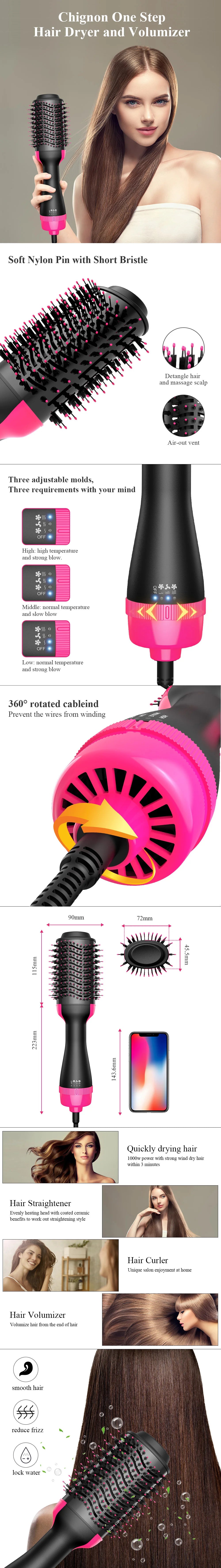 One Step Hair Dryer and Volumizer 1000W Rotating Hot Air Brush Professional Blow Dryer Comb Brush Electric Ion Blow Dryer Brush